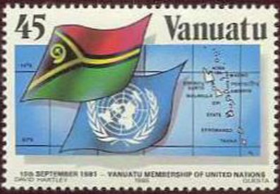 Timbre du Vanuatu (1985) édité pour le 4<sup class="typo_exposants">e</sup> anniversaire de l'admission du pays à l'ONU