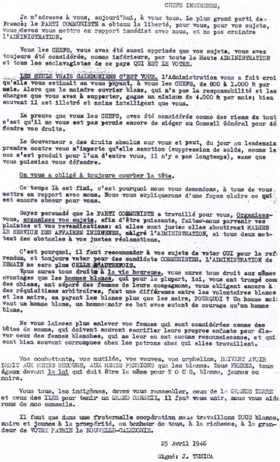 Tract du parti communiste calédonien, avril 1946 